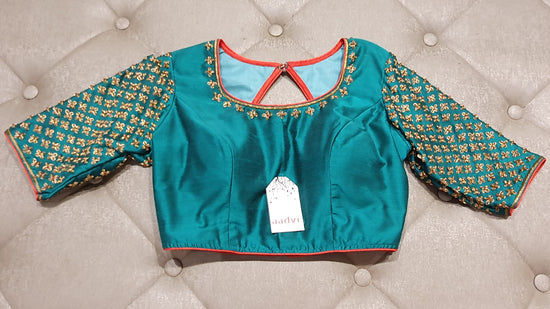 Turquoise Hand Embroidered Designer Blouse - Front Side