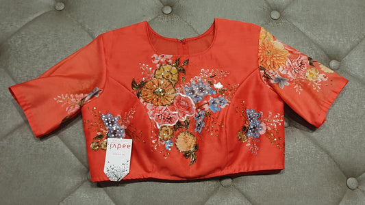 Tomato Red Hand Embroidered Designer Blouse with Floral Prints - Front Side