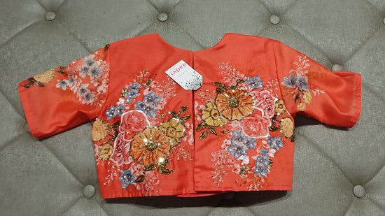 Tomato Red Hand Embroidered Designer Blouse with Floral Prints - Back Side