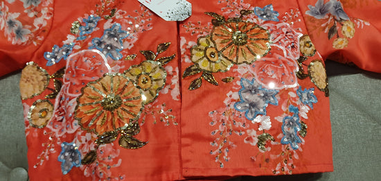 Tomato Red Hand Embroidered Designer Blouse with Floral Prints - Front Closeup