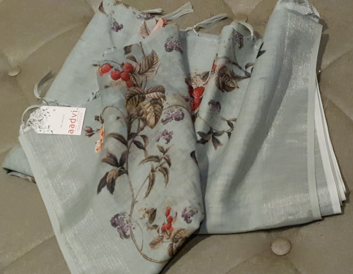 Linen Digital Floral Print Sari in Pastel Hue of Cement Grey — view 7