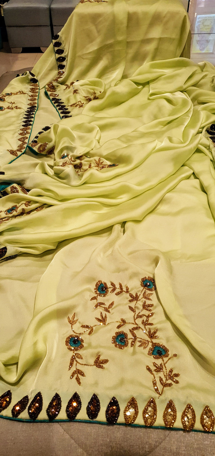 Pista Green Sari in Satin with floral motif