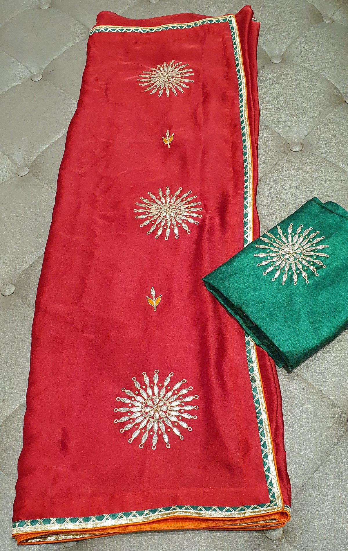 Red Gota Patti designer sari with Green blouse — view 7
