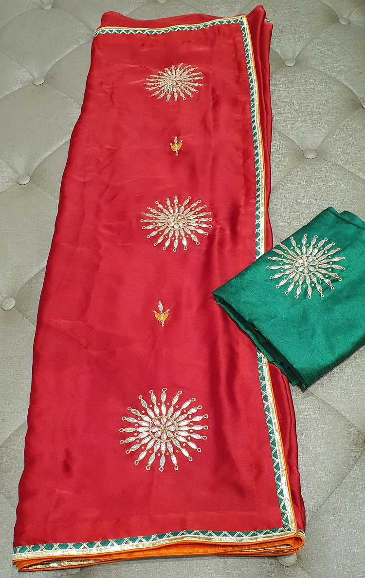 Red Gota Patti designer sari with Green blouse