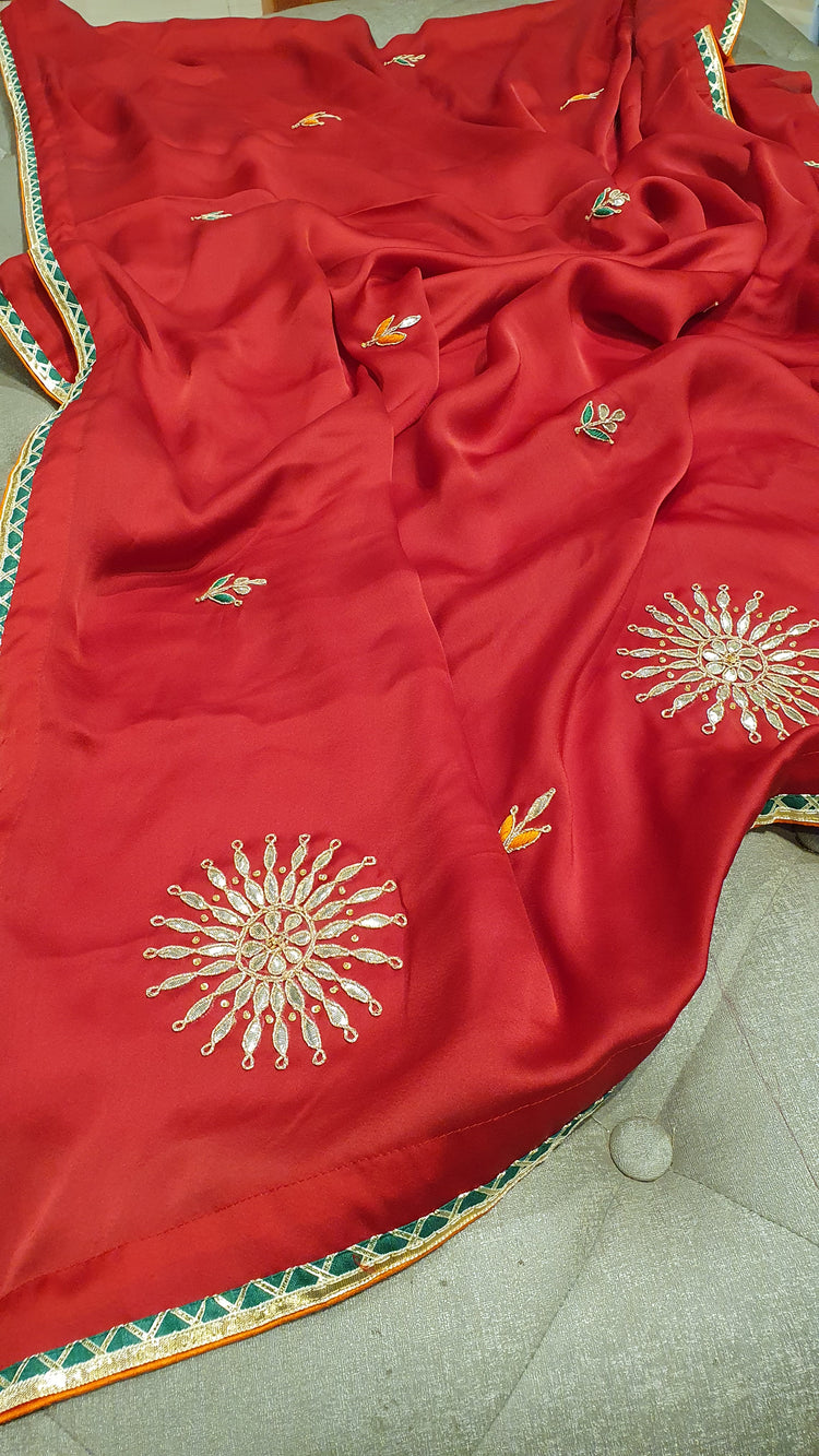 Red Gota Patti designer sari with Green blouse
