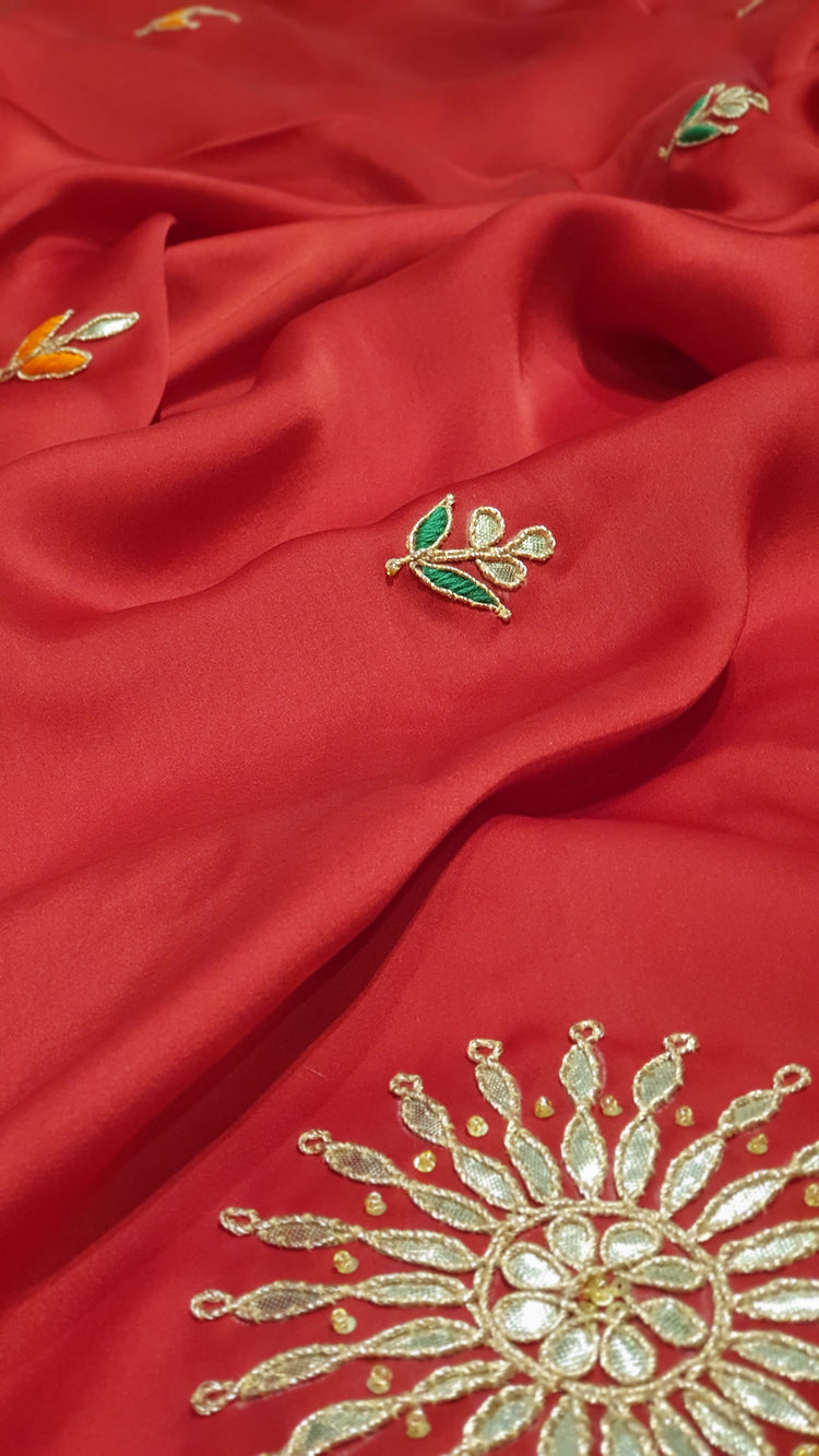 Red Gota Patti designer sari with Green blouse
