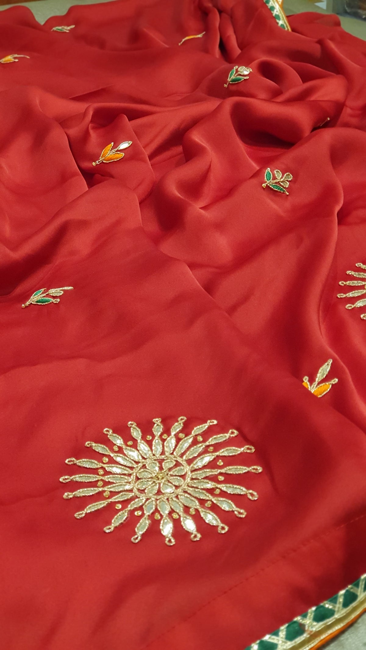 Red Gota Patti designer sari with Green blouse — view 5