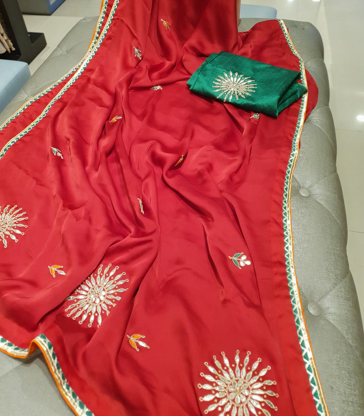 Red Gota Patti designer sari with Green blouse