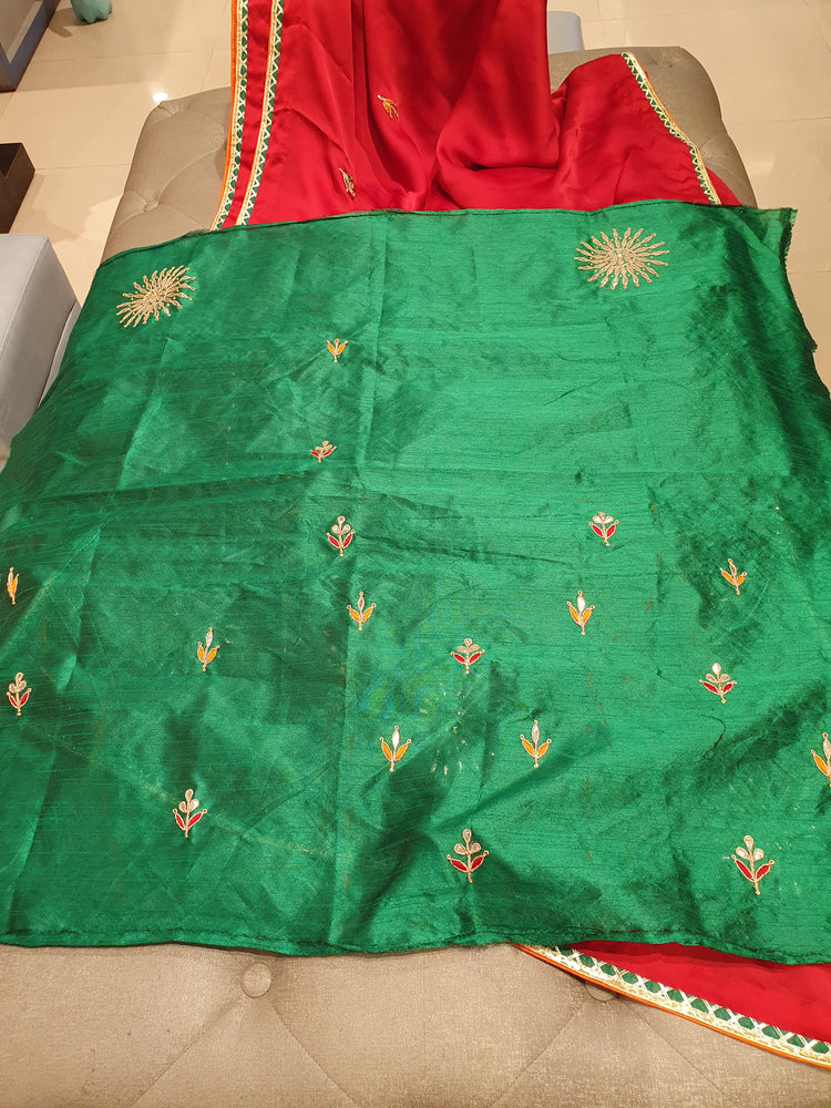 Red Gota Patti designer sari with Green blouse