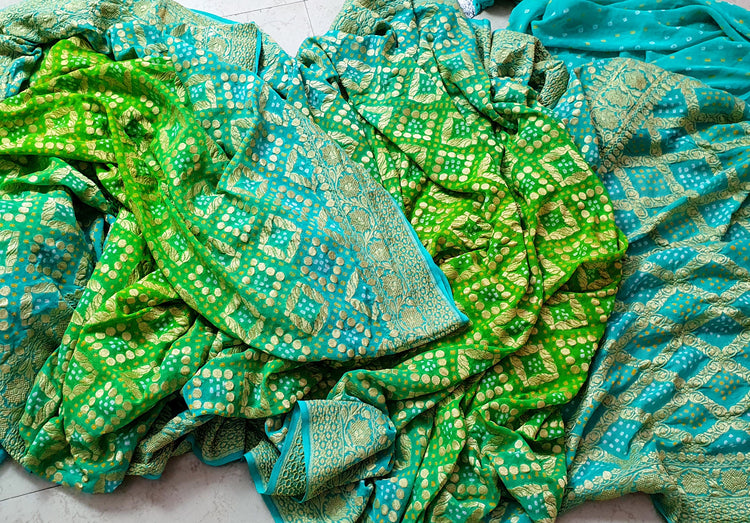 Handwoven Pure Bandhej Sari in Cyan and Parakeet green colour