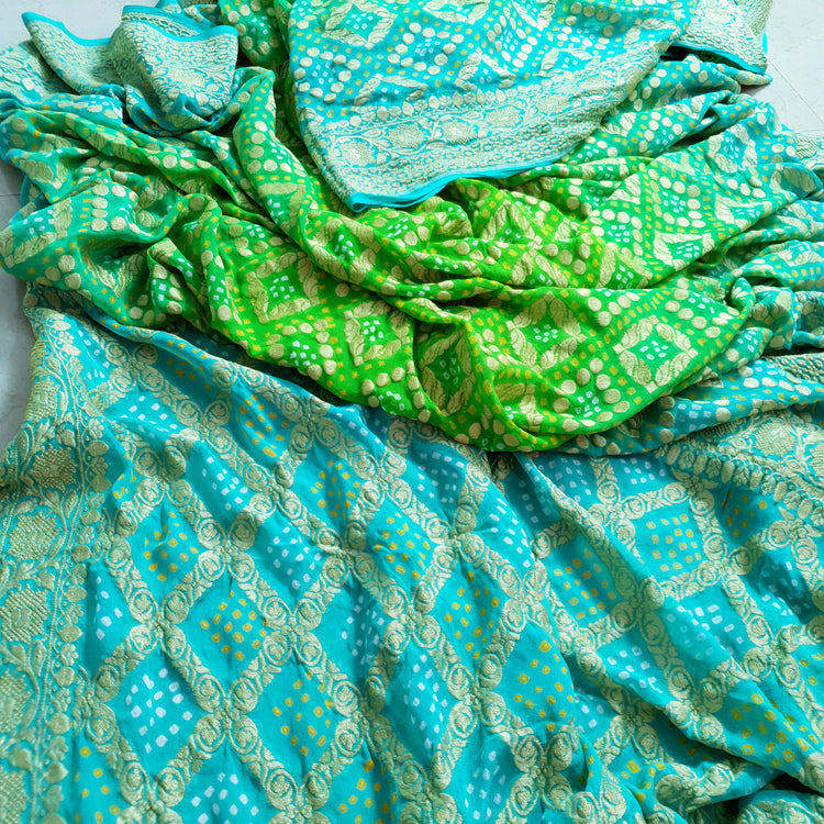 Handwoven Pure Bandhej Sari in Cyan and Parakeet green colour