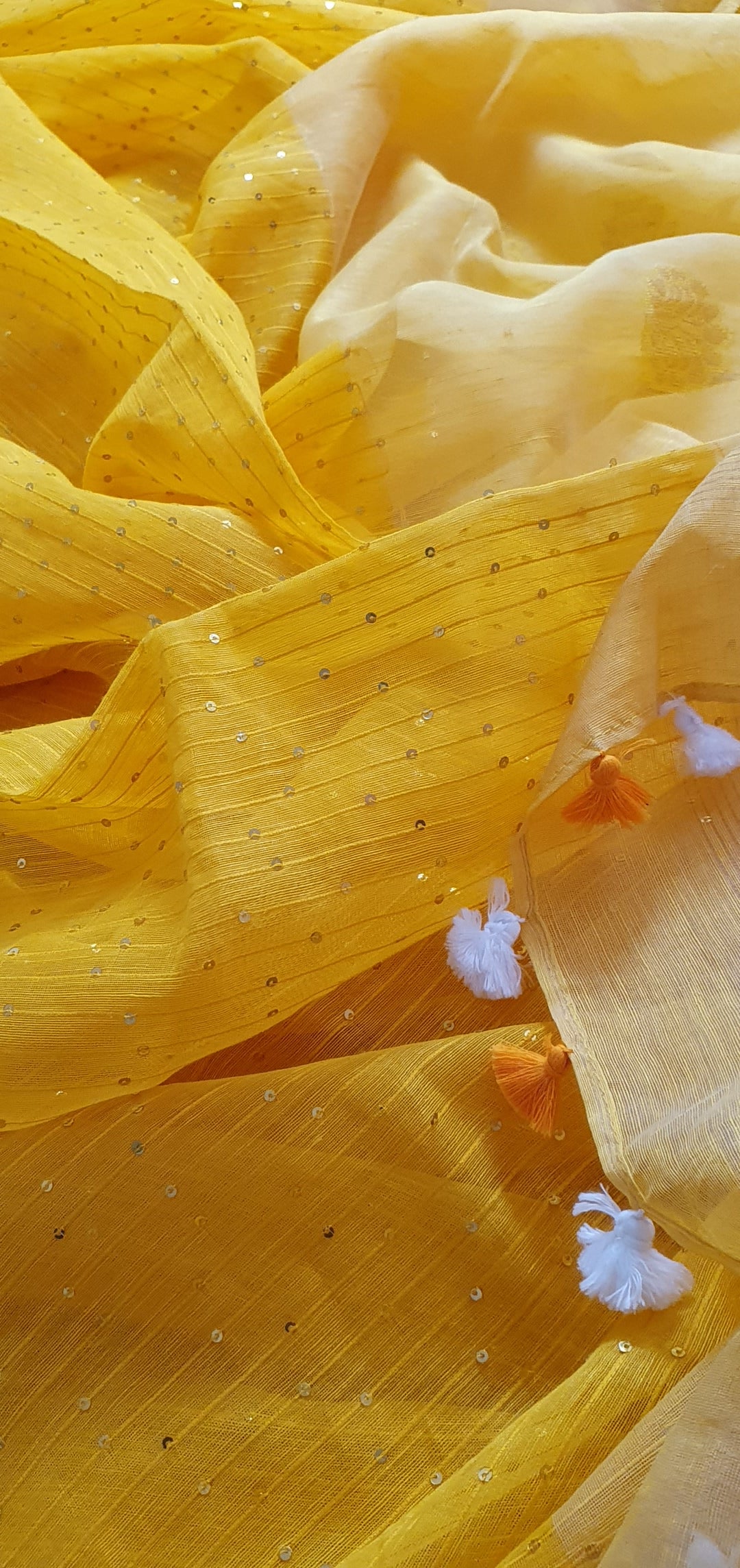 Beautiful Handwoven Yellow Linen Resham Sari with sequins — view 3