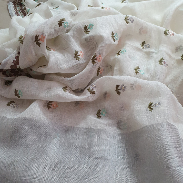 Ivory Embroidered Pure Linen Sari