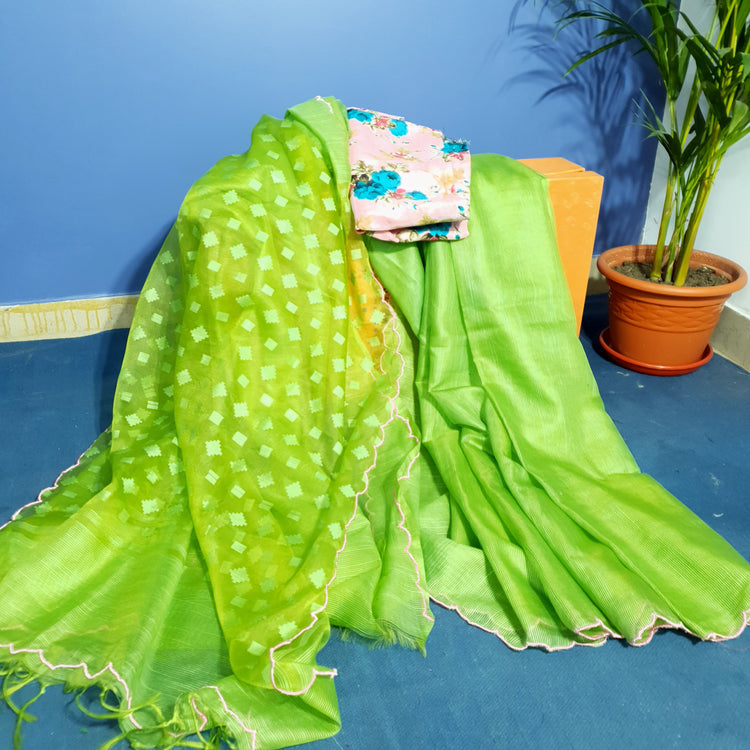Handwoven Chartreuse Green Resham Sari With Scalloped Border