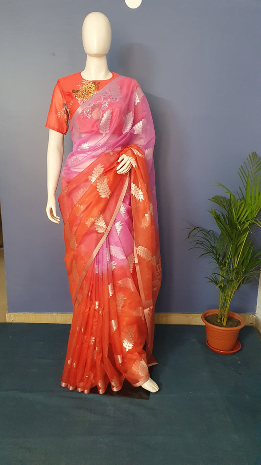 Pink Orange Shaded Organza Sari With Silver Zari Work