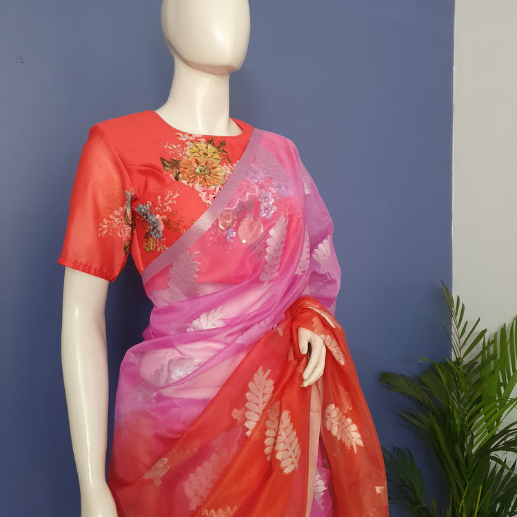 Pink Orange Shaded Organza Sari With Silver Zari Work
