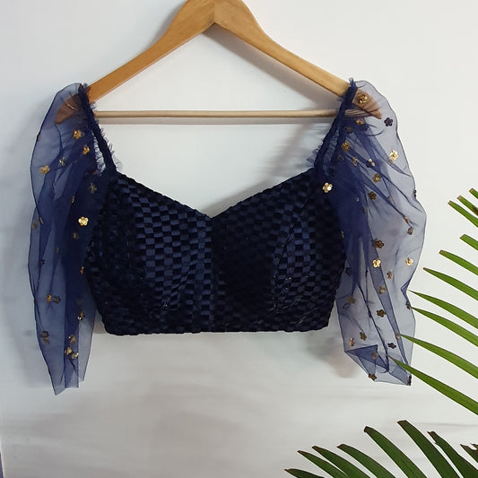 Dark blue designer Blouse with Net Sleeves