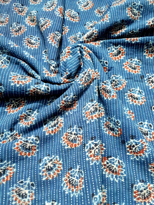 Ajrakh Print with kantha stitch on Cotton Fabric