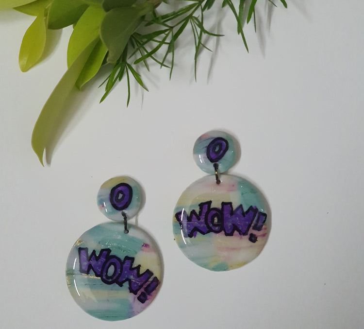 Wow - Clay and Resin Earrings with Free Hand Art.