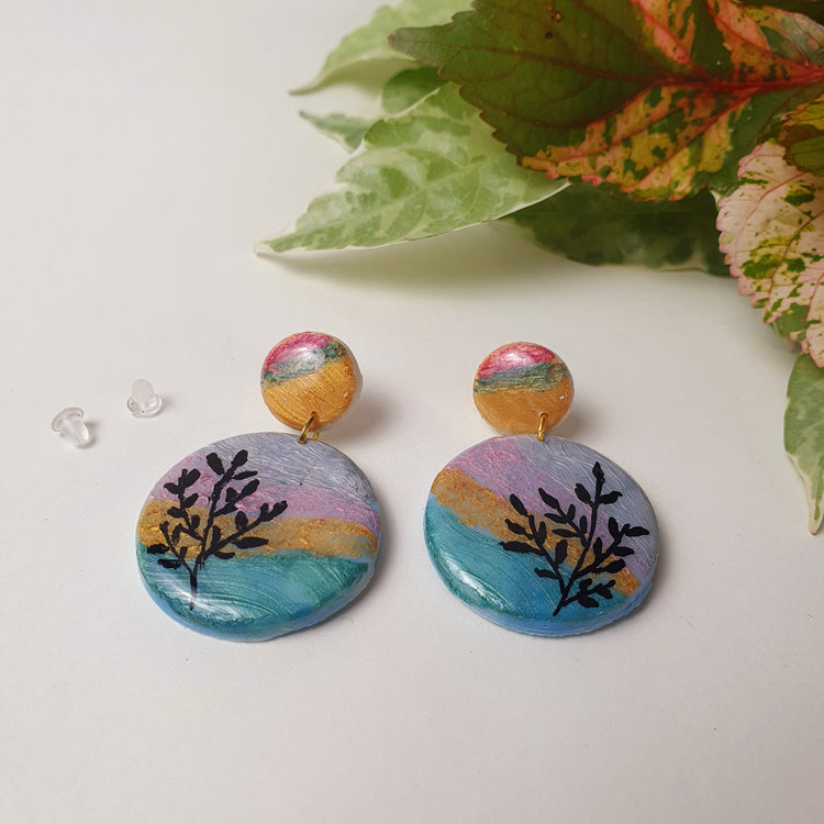 Quadro - Clay and Resin Earrings with Free Hand Art.