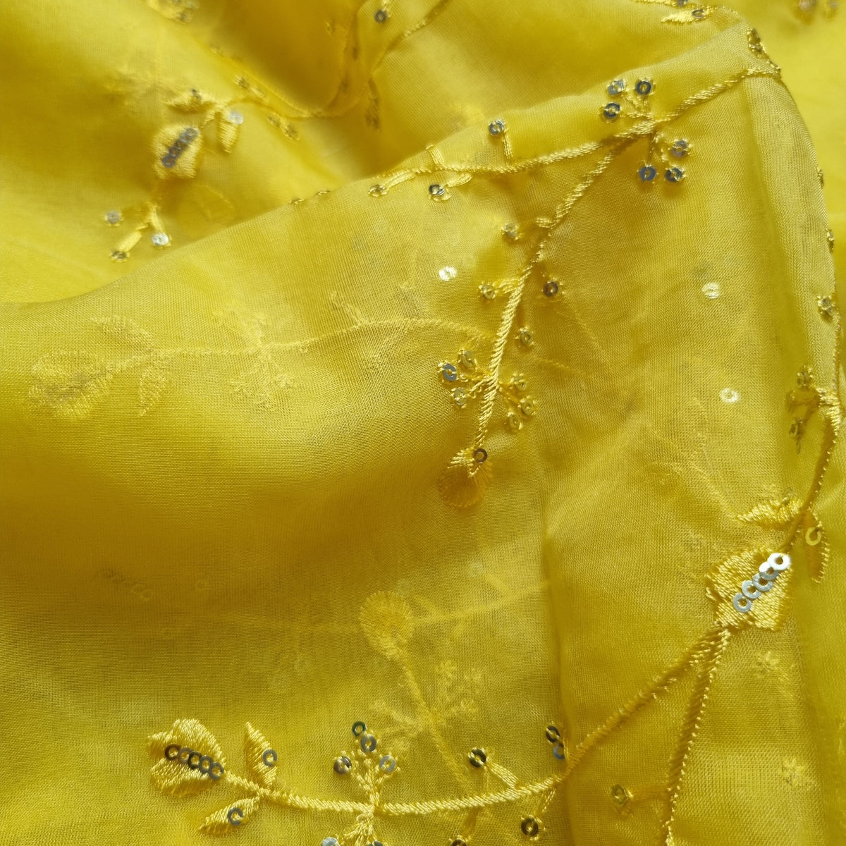 Yellow Organza Fabrics with Embroidery Work — view 3