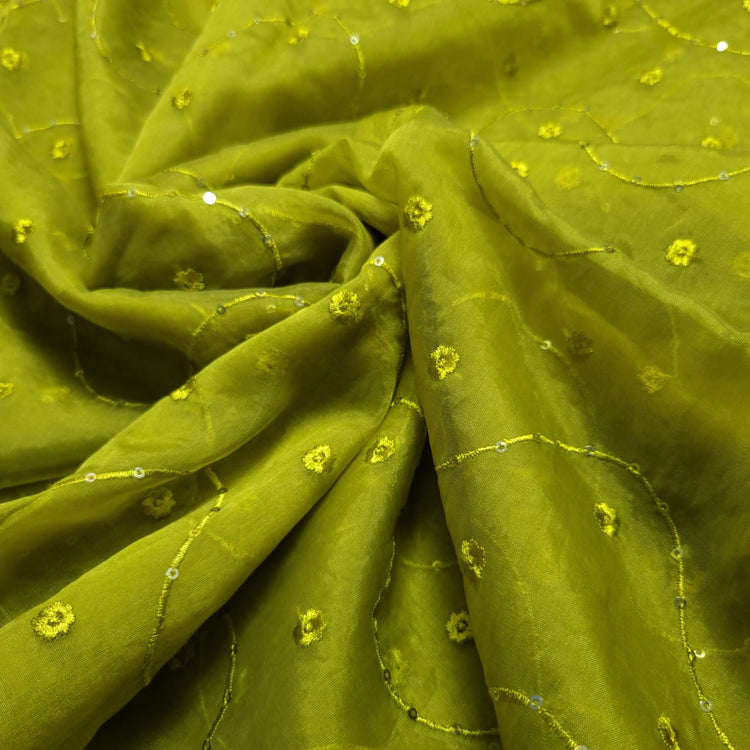 Pickle Green Organza Fabrics with Embroidery Work