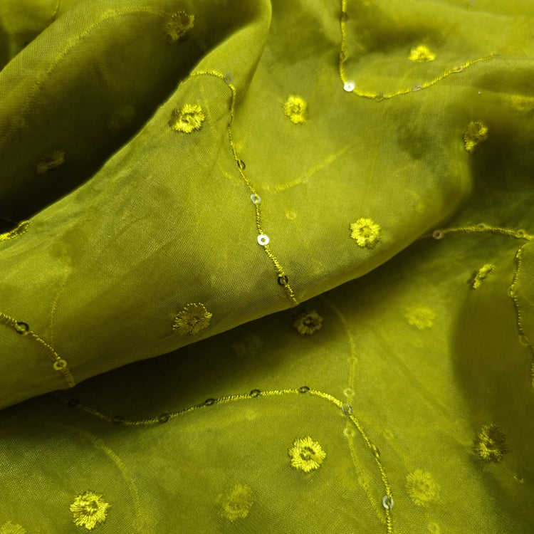 Pickle Green Organza Fabrics with Embroidery Work