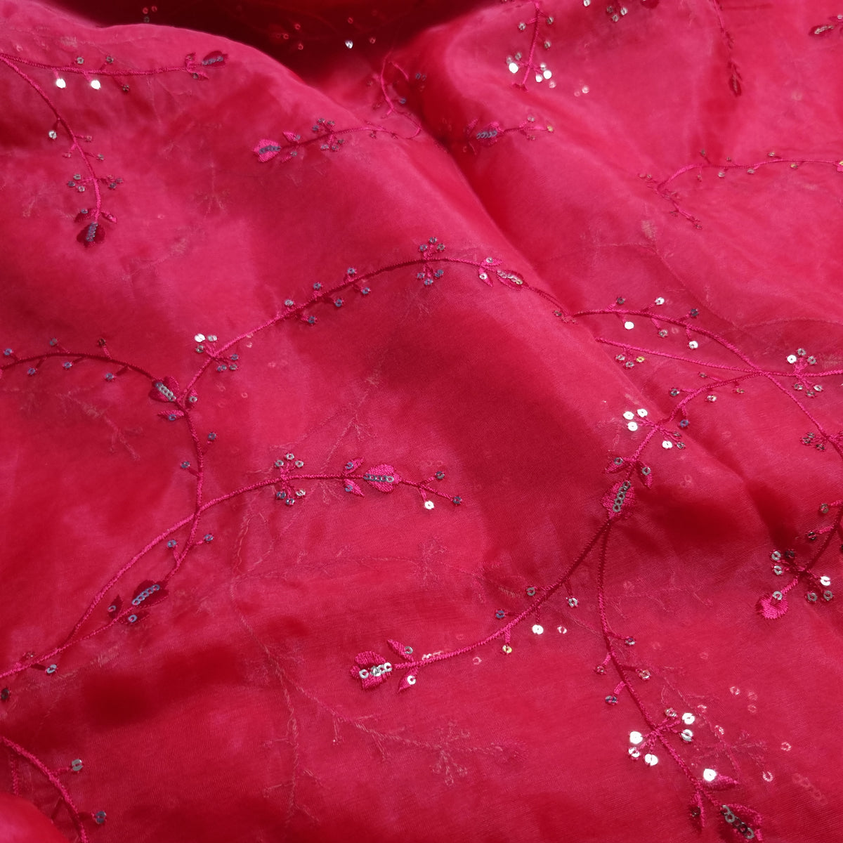 Raspberry Organza Fabrics with Embroidery Work — view 3