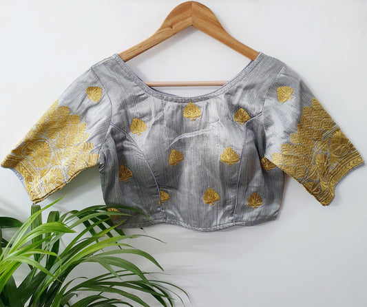 Grey Color Designer Blouse With Golden Embroidery
