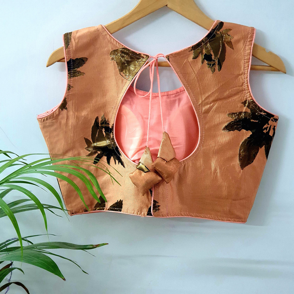 Peach Color With Antique Golden Zari Floral Designer Blouse — view 2