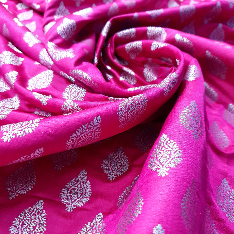 Woven Magenta Pink Brocade With Silver Buta Fabric