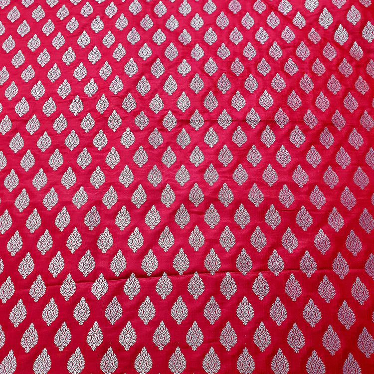 Woven Red Brocade With Silver Buta Fabric