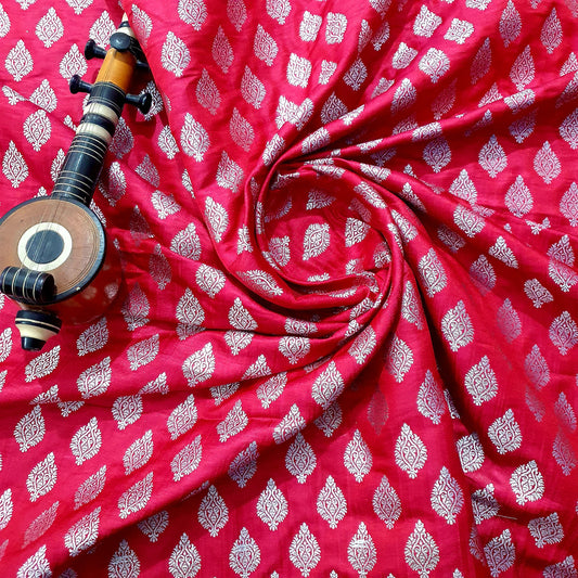 Woven Red Brocade With Silver Buta Fabric