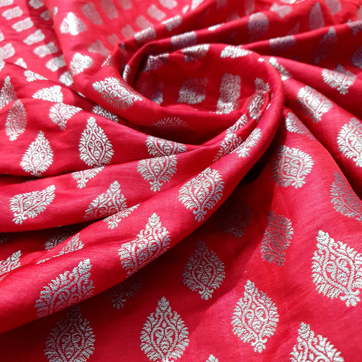Woven Red Brocade With Silver Buta Fabric — view 2