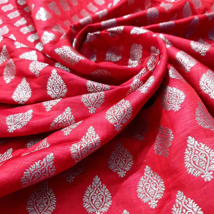 Woven Red Brocade With Silver Buta Fabric