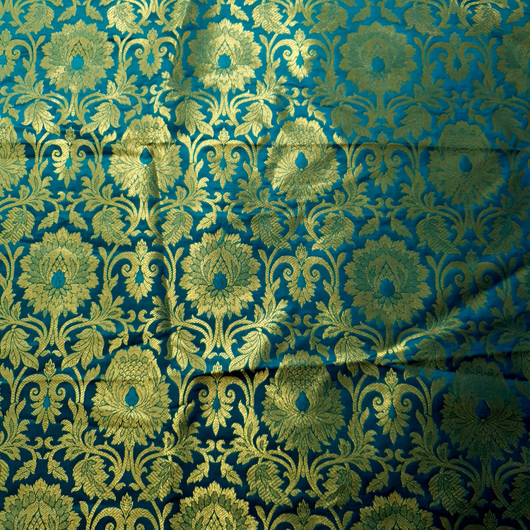 Woven Rama Green Brocade With Golden Floral Fabric