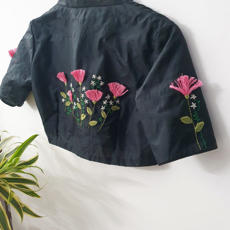 Hand Embroidered Black Cotton Silk Blouse
