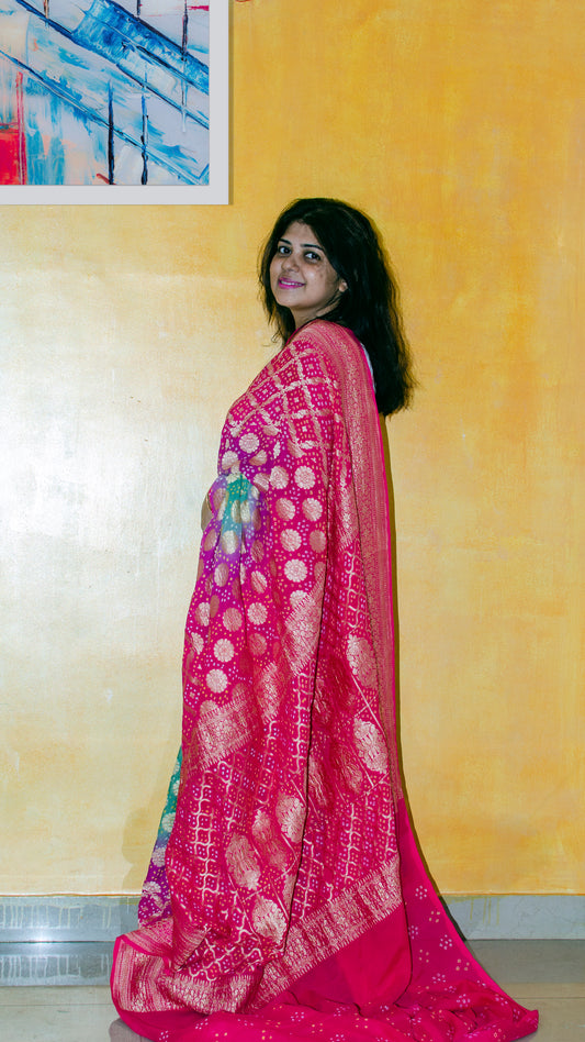 Handwoven Pure Bandhej Sari in tones of Pink, Coral and Sage Green