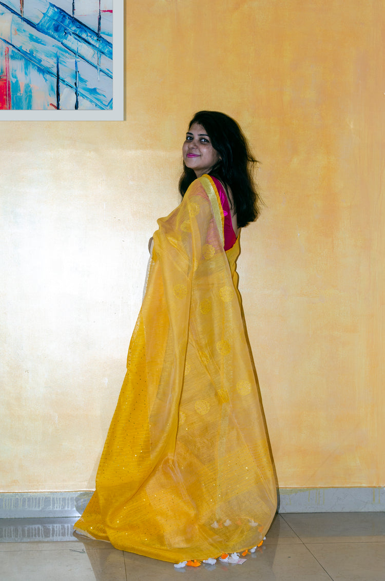 Beautiful Handwoven Yellow Linen Resham Sari with sequins