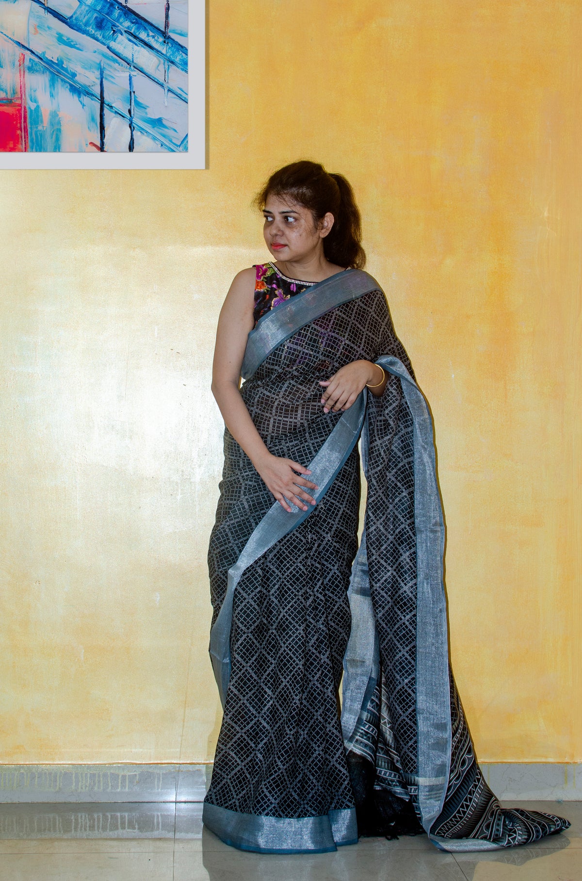 Black Checks Pure Linen Sari — view 2