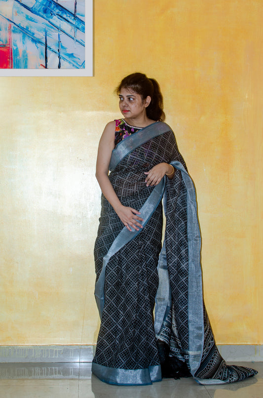 Black Checks Pure Linen Sari