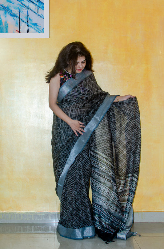 Black Checks Pure Linen Sari