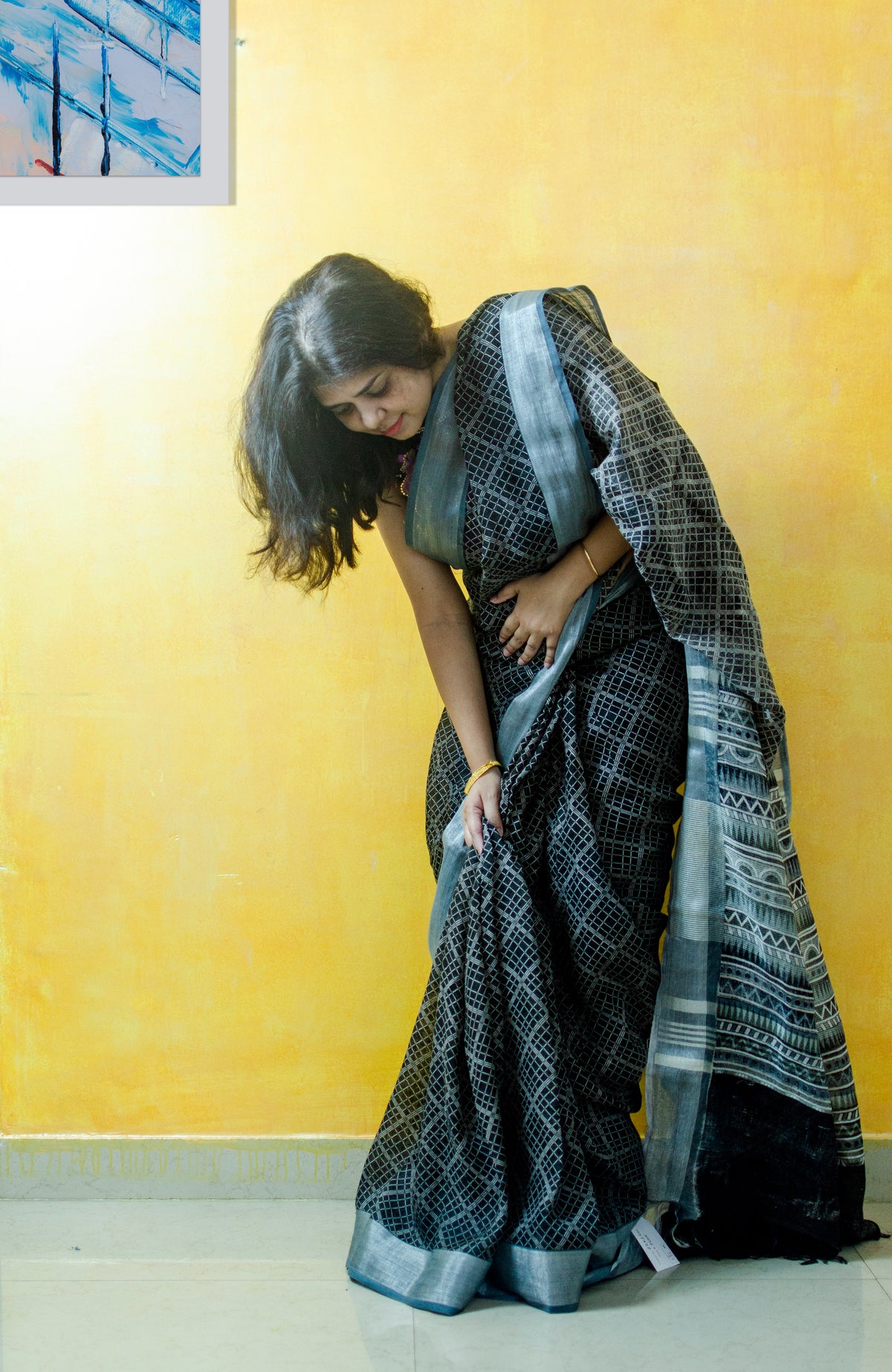 Black Checks Pure Linen Sari — view 4