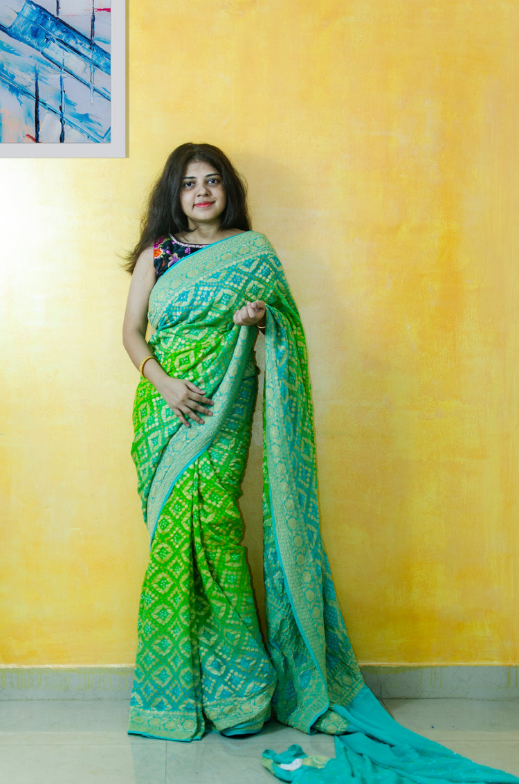 Handwoven Pure Bandhej Sari in Cyan and Parakeet green colour