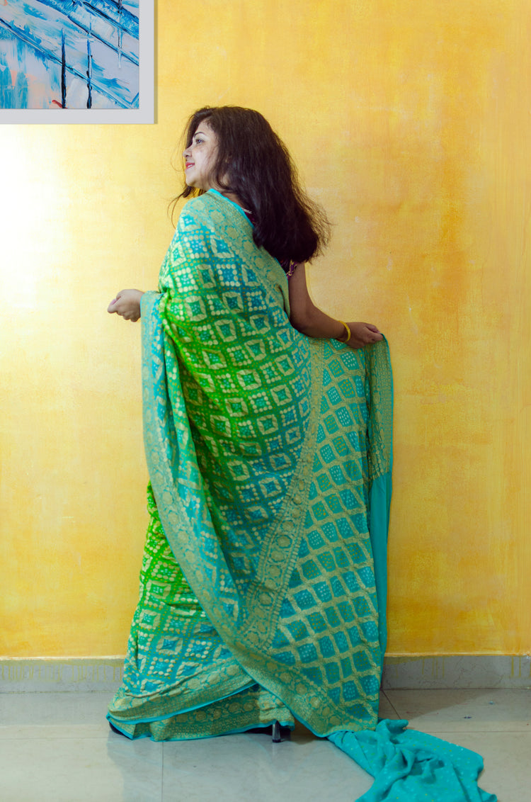 Handwoven Pure Bandhej Sari in Cyan and Parakeet green colour