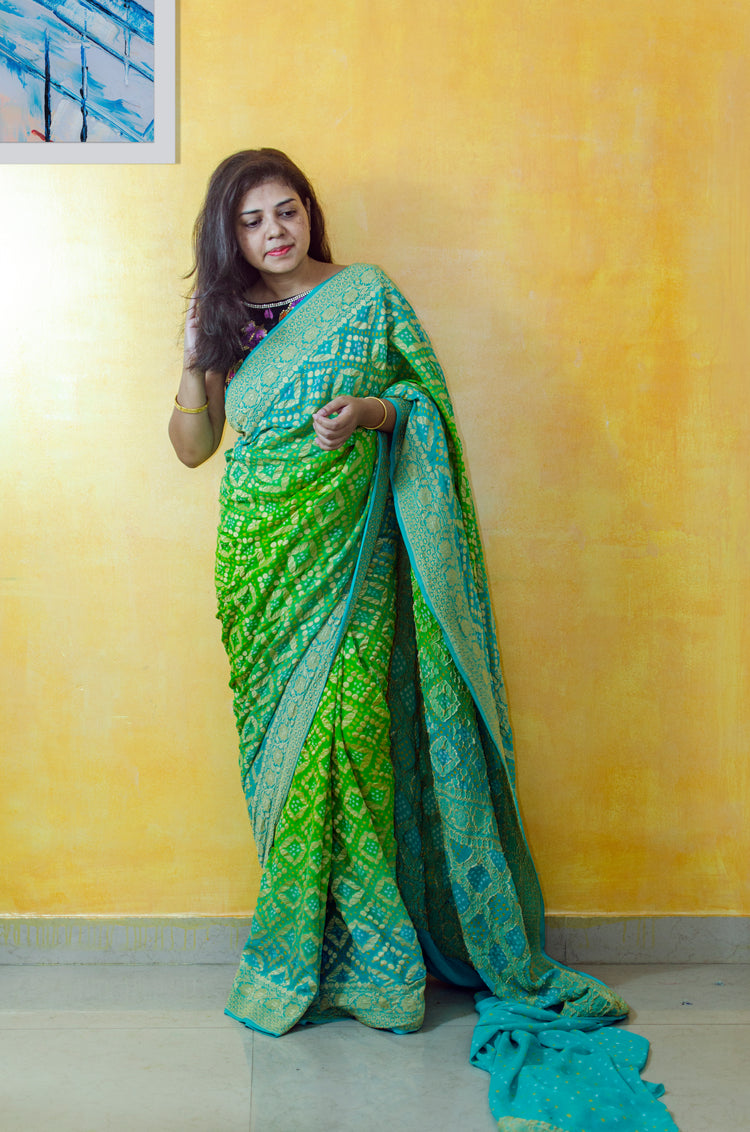 Handwoven Pure Bandhej Sari in Cyan and Parakeet green colour