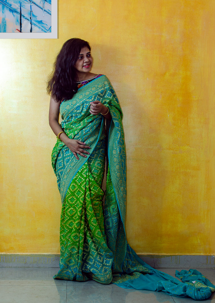 Handwoven Pure Bandhej Sari in Cyan and Parakeet green colour