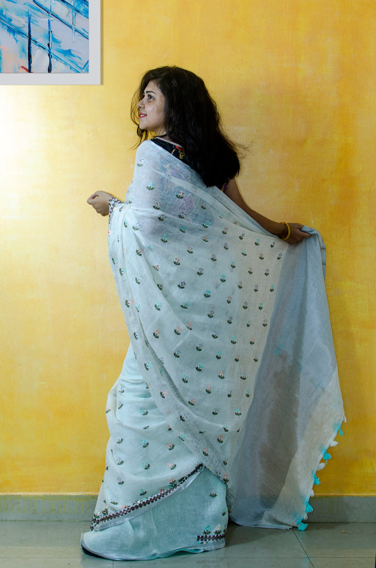 Ivory Embroidered Pure Linen Sari