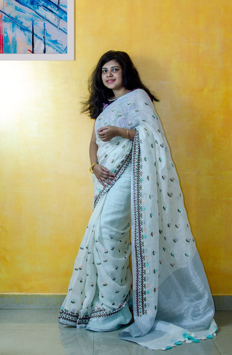 Ivory Embroidered Pure Linen Sari