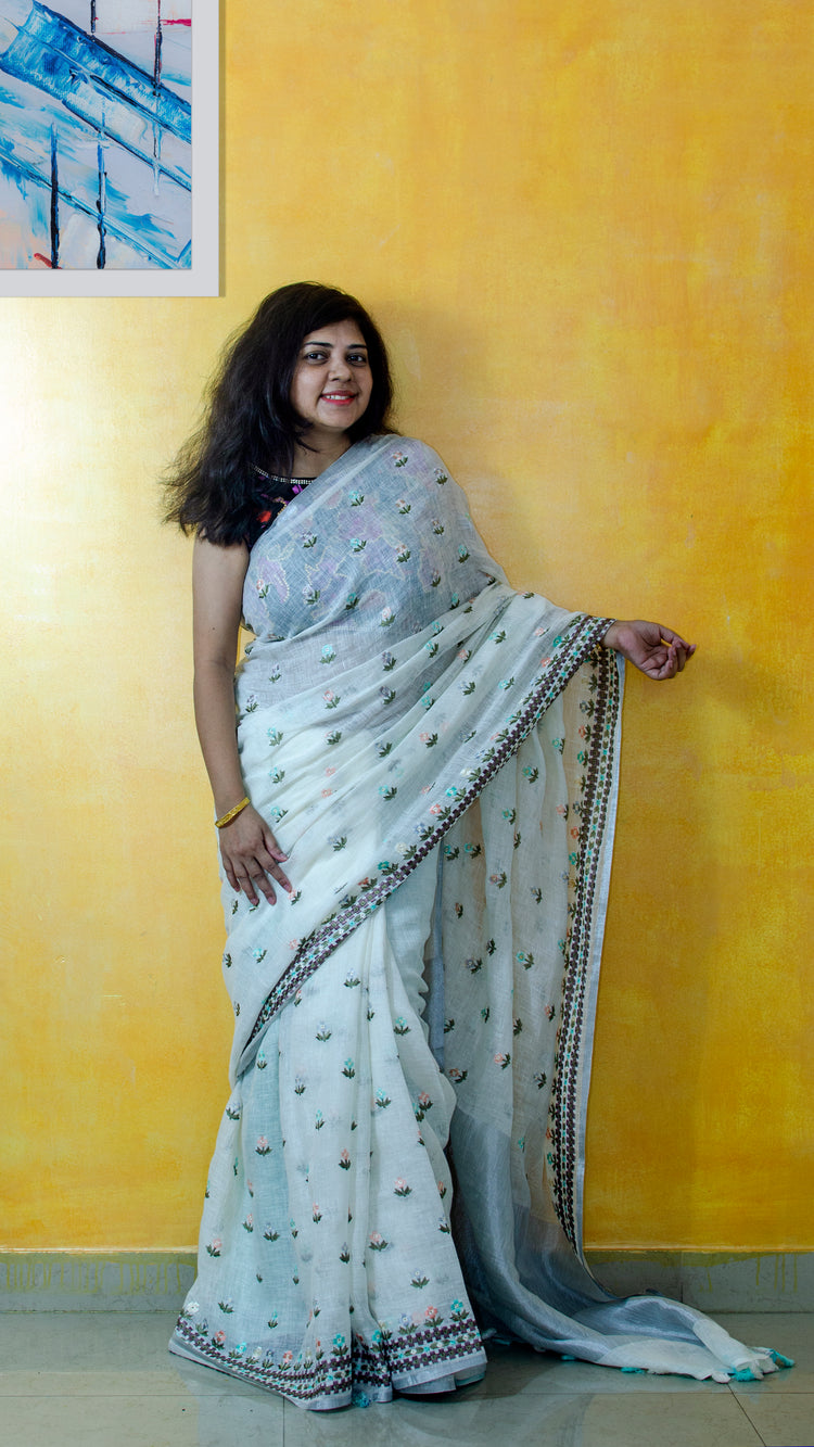 Ivory Embroidered Pure Linen Sari